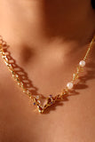 18K Real Gold Plated Pink Opal Heart Pearls Necklace