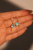 14K Real Gold Plated Blue Gem Moon Star Earrings