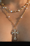 18K Real Gold Plated Diamond Pearl Cross Necklace