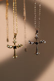 14K Real Gold Plated Black Gem Angel Cross Necklace