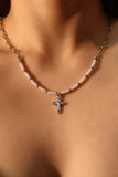 Platinum Plated Pearl Cross Necklace