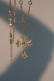 18K Real Gold Plated Diamond Pearl Cross Necklace