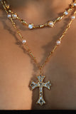 18K Real Gold Plated Diamond Pearl Cross Necklace