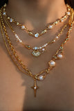 18K Real Gold Plated Multi Diamond Pearl Necklace