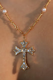 18K Real Gold Plated Diamond Pearl Cross Necklace