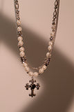 Platinum Plated Black Gem Cross Pearls Necklace