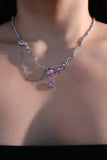 Platinum Plated Pink Glitter Gem Dangle Necklace