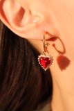 18K Real Gold Plated Red Gem Diamond Heart Earrings