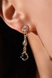 18K Real Gold Plated Diamond Black Gem Dangle Earrings