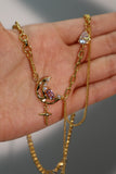 18K Real Gold Plated Purple Gem Moon Star Necklace