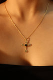 14K Real Gold Plated Black Gem Angel Cross Necklace