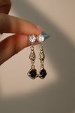 18K Real Gold Plated Diamond Black Gem Dangle Earrings